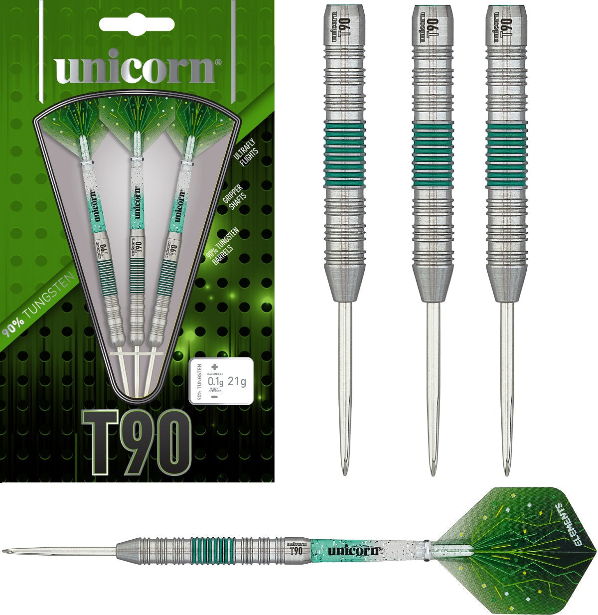 Unicorn T90 Type 2 Core XL Green 90% Tungsten Steel Tip Darts