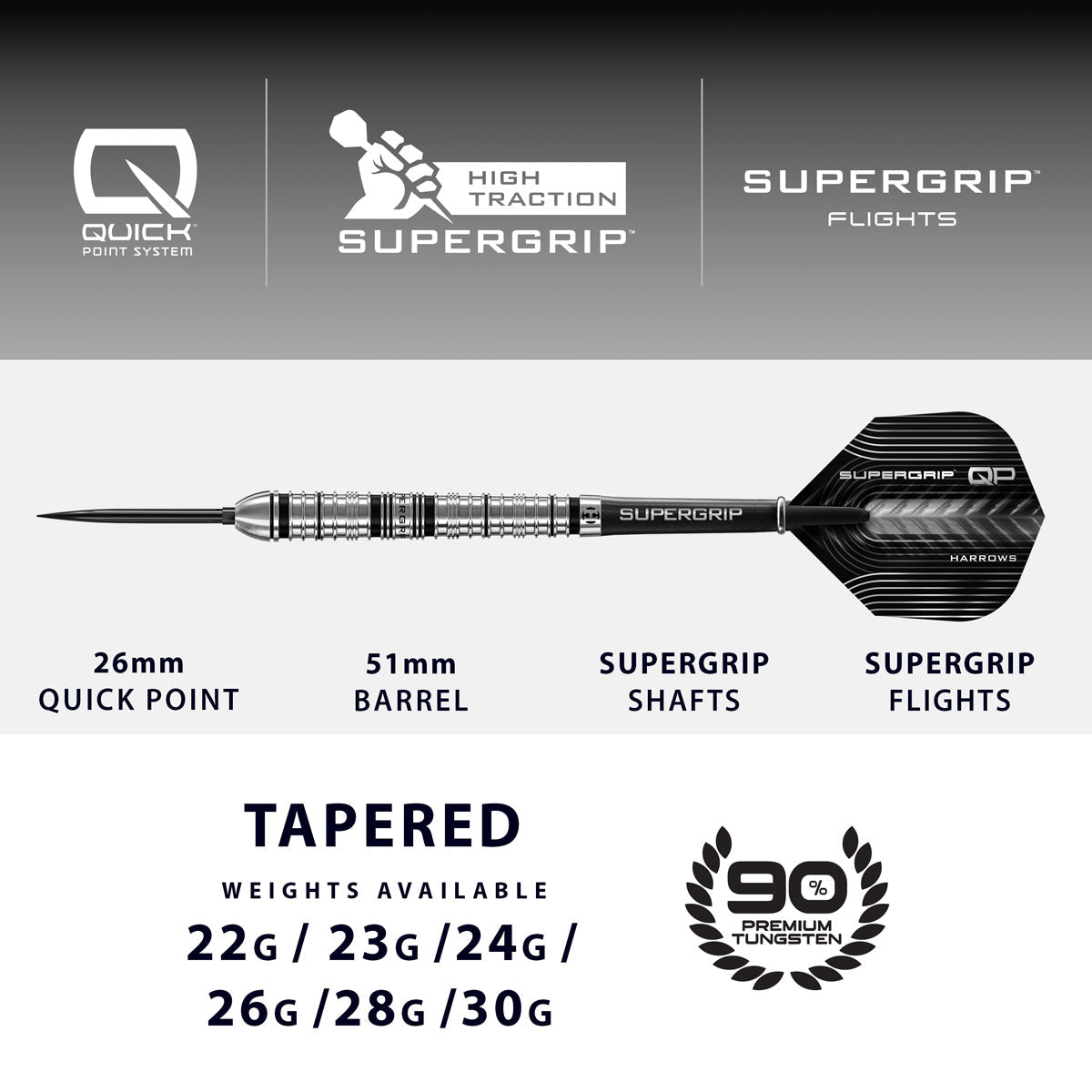 Harrows Supergrip Tapered 90% Tungsten QP Steel Tip Darts