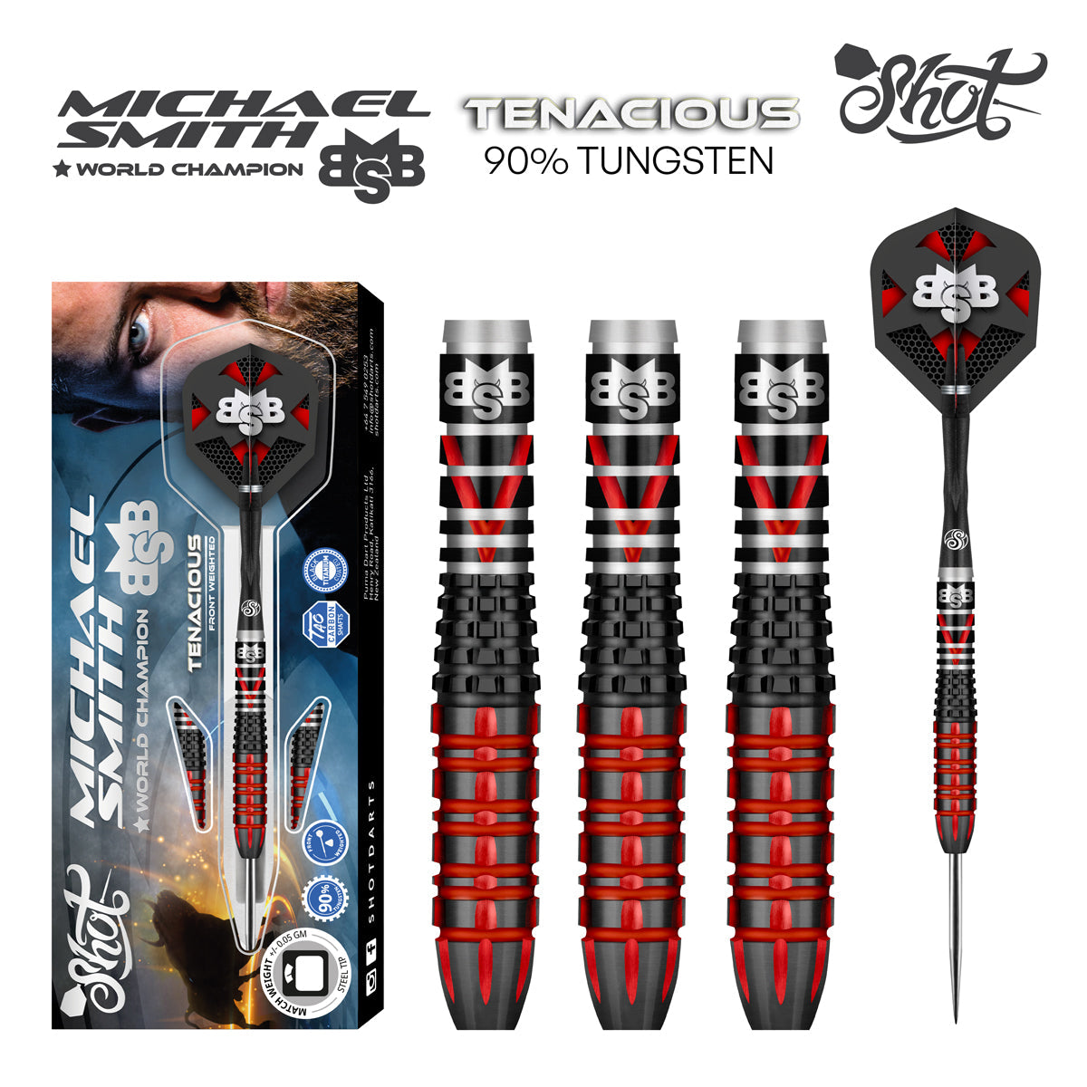 Michael Smith Tenacious 90% Tungsten Steel Tip Darts by Shot