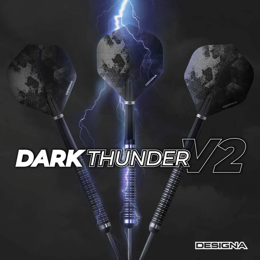 Designa Dark Thunder V2 28 Gram Steel Tip Darts, Black, 90% Tungsten