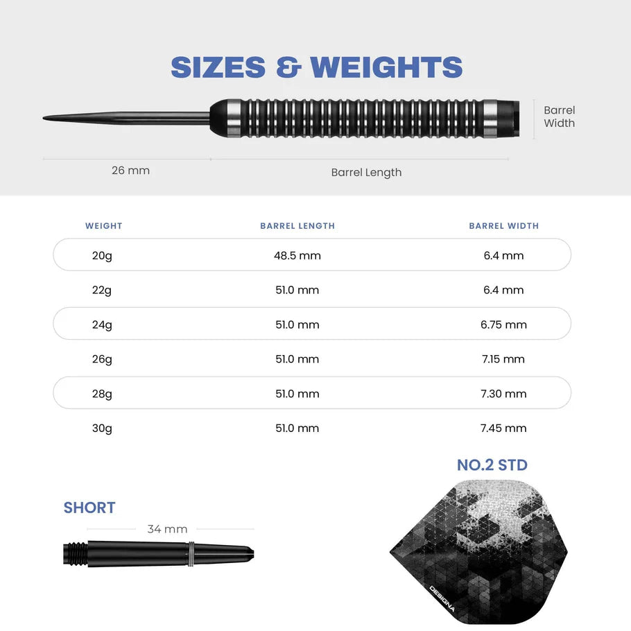 Designa Dark Thunder V2 28 Gram Steel Tip Darts, Black, 90% Tungsten