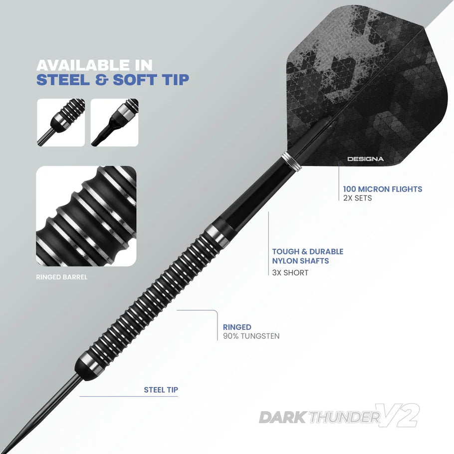 Designa Dark Thunder V2 28 Gram Steel Tip Darts, Black, 90% Tungsten