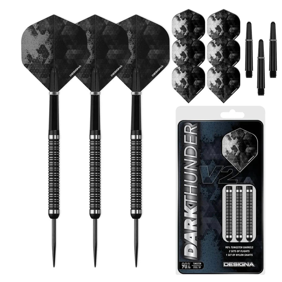 Designa Dark Thunder V2 28 Gram Steel Tip Darts, Black, 90% Tungsten