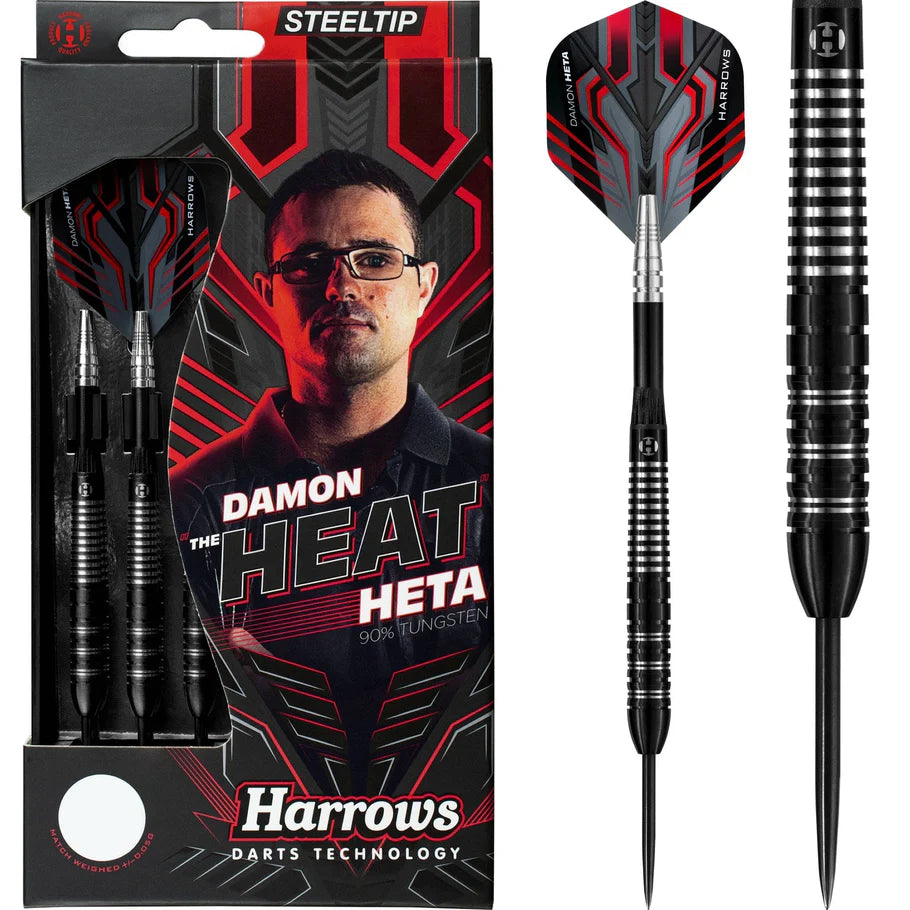 Harrows Damon Heta The Heat Black Steel Tip Darts, 90% Tungsten