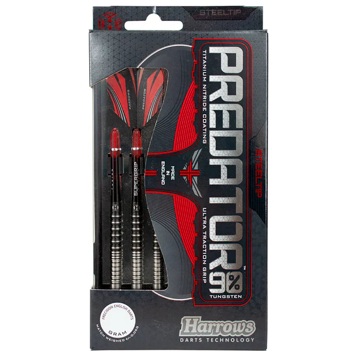 Harrows Predator 22 Gram Steel Tip Darts, Black Ringed, 90% Tungsten, Used