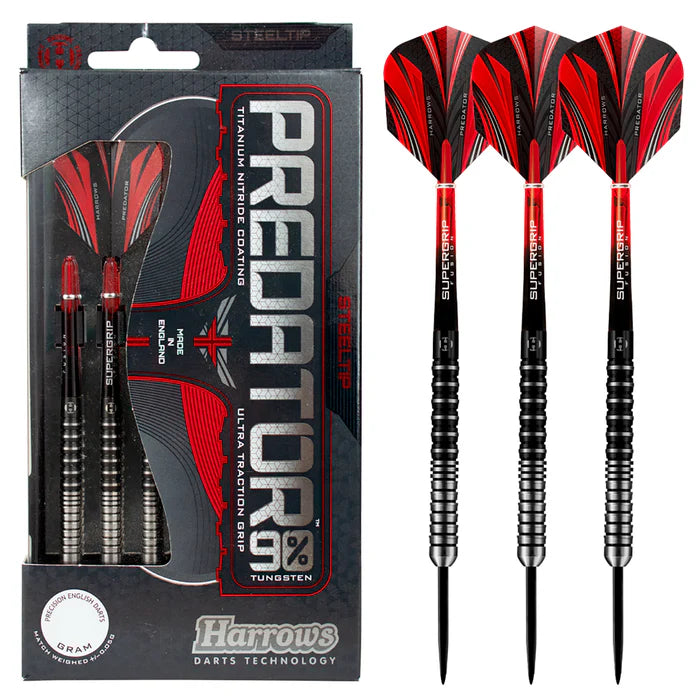 Harrows Predator 22 Gram Steel Tip Darts, Black Ringed, 90% Tungsten, Used
