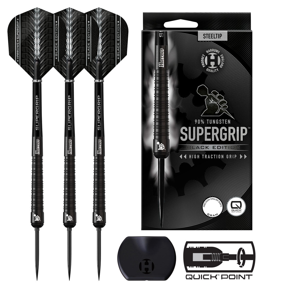 Harrows Supergrip Black Edition Quick Point 90% Tungsten Steel Tip Darts