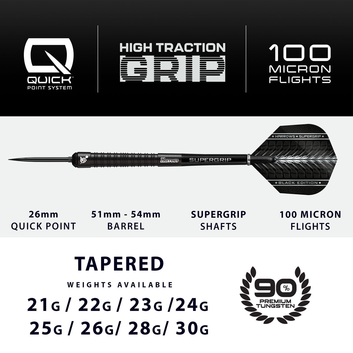 Harrows Supergrip Black Edition Quick Point 90% Tungsten Steel Tip Darts