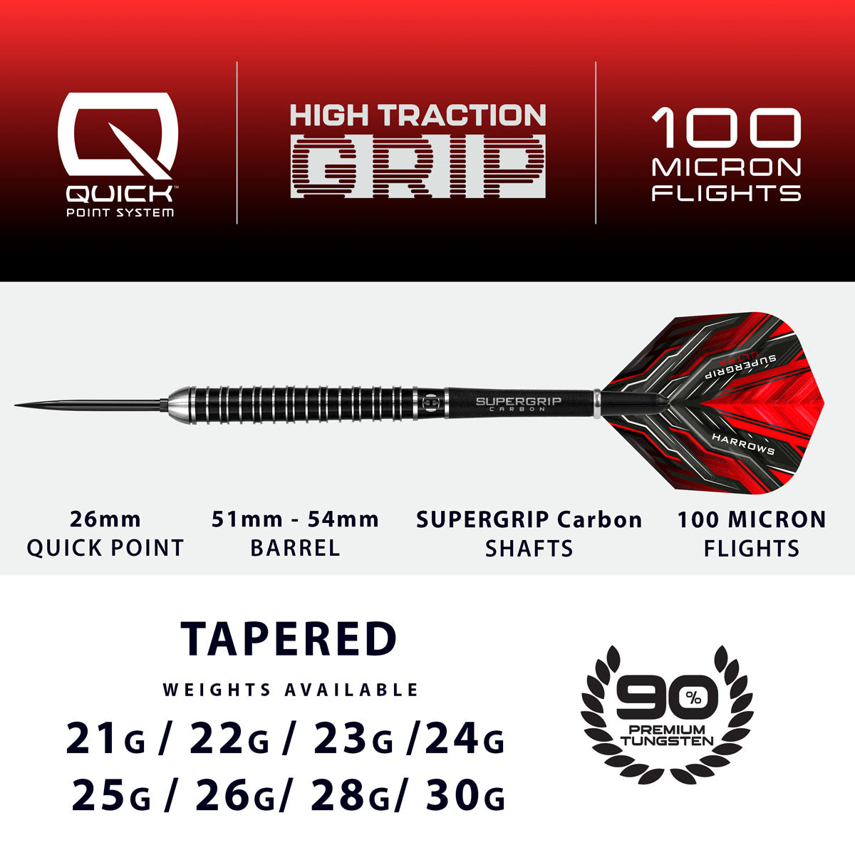 Harrows Supergrip Ultra Quick Point 90% Tungsten Steel Tip Darts