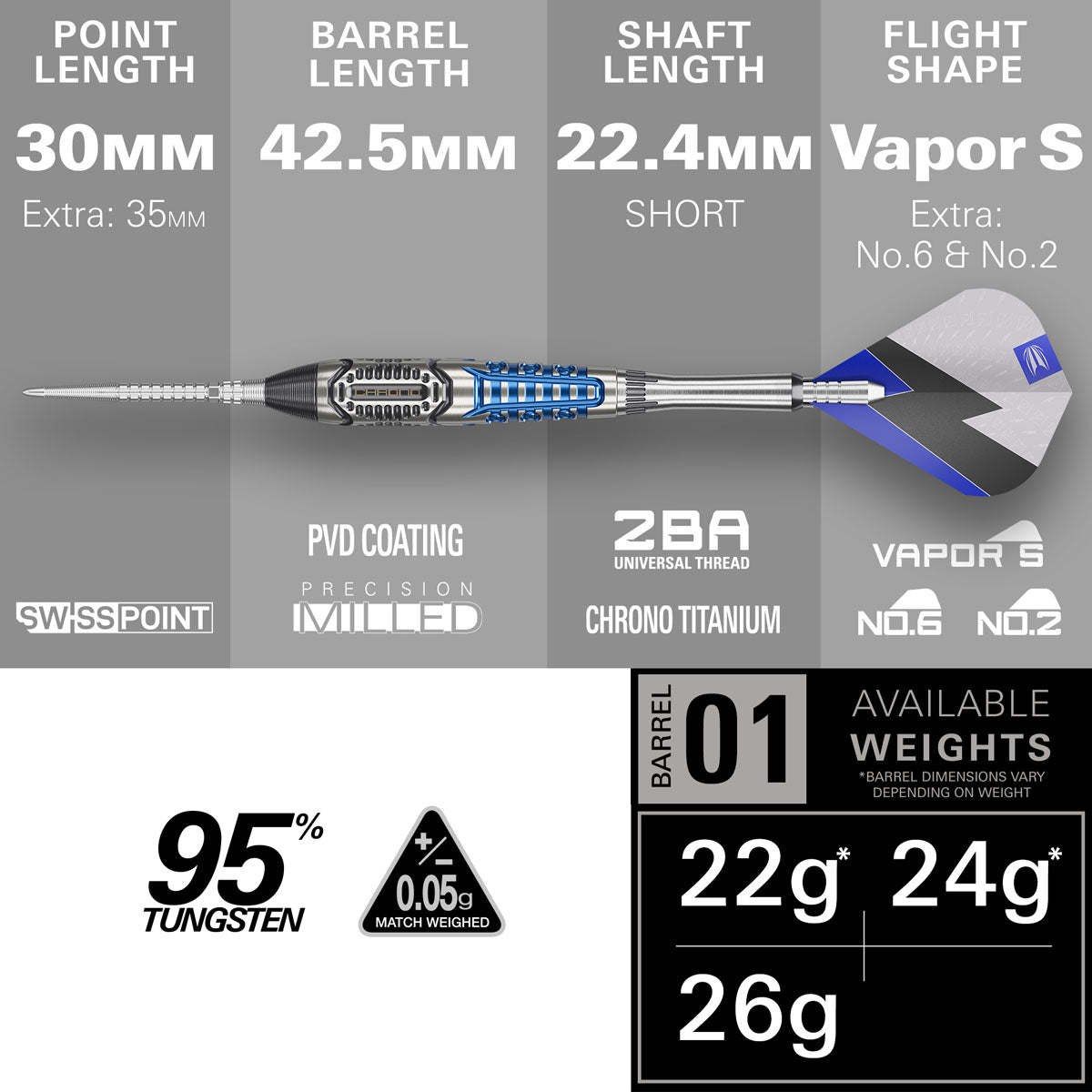 Target Phil Taylor Power Chrono Swiss Point 95% Tungsten Steel Tip Darts