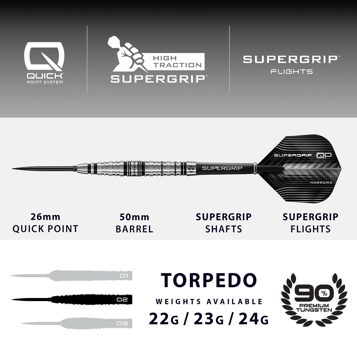Harrows Supergrip Torpedo 90% Tungsten QP Steel Tip Darts