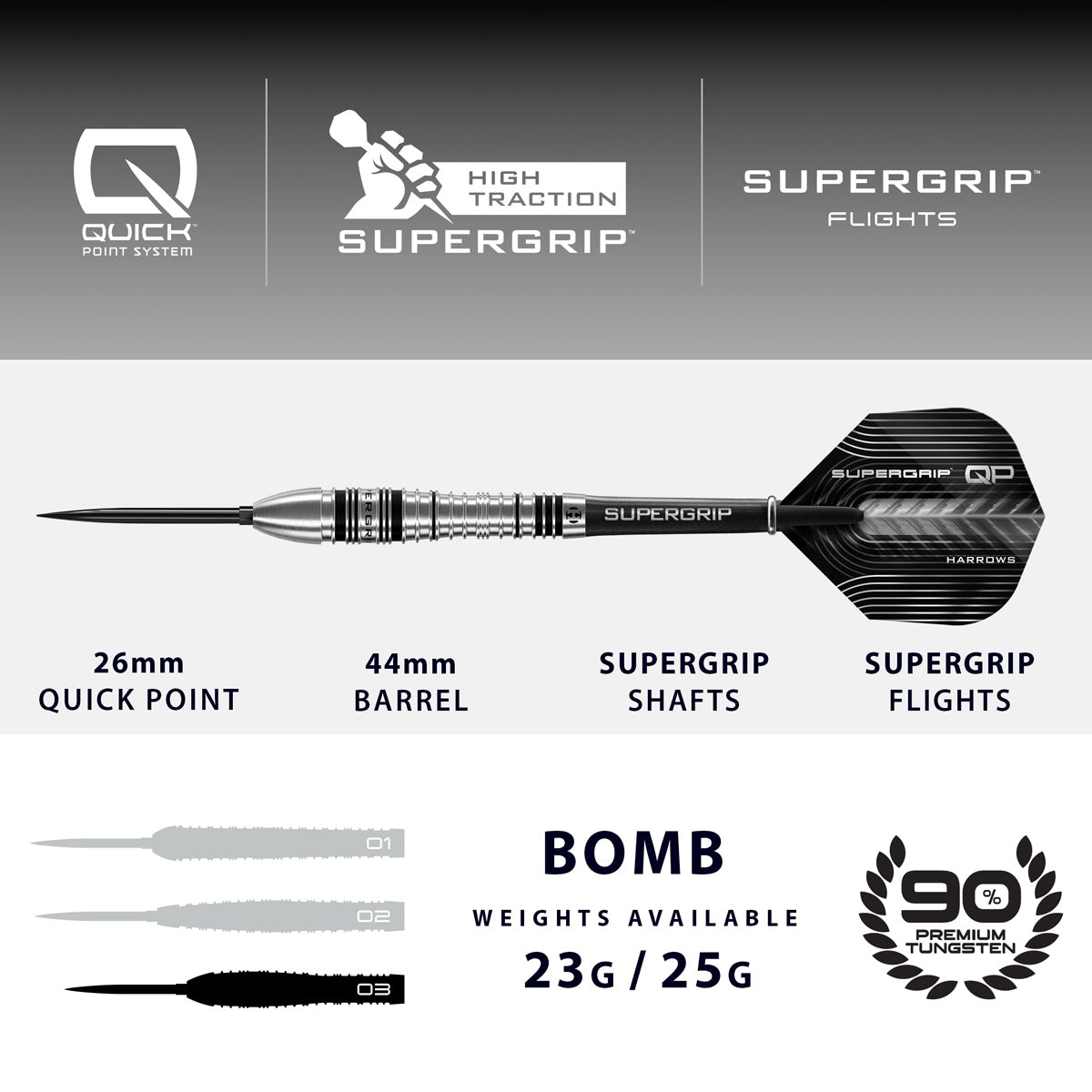 Harrows Supergrip Bomb 90% Tungsten QP Steel Tip Darts