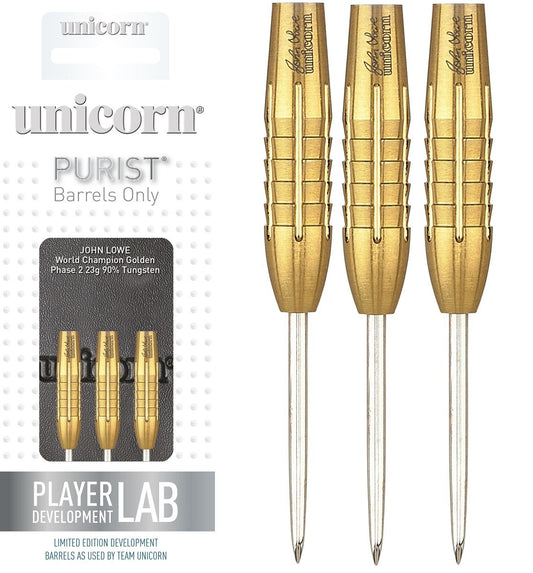 John Lowe Phase 2 Gold Shark Grip Purist 90% Tungsten Steel Tip Darts by Unicorn
