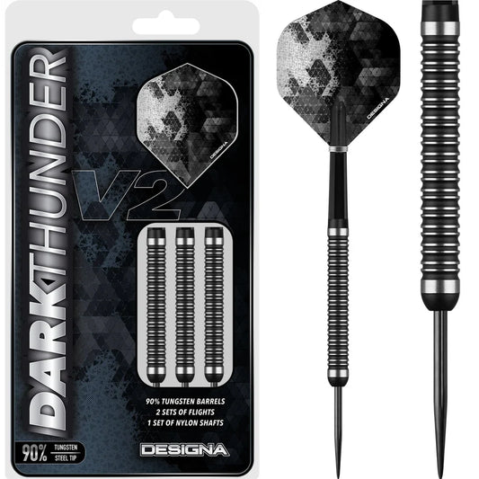 Designa Dark Thunder V2 30 Gram Steel Tip Darts, Black, 90% Tungsten