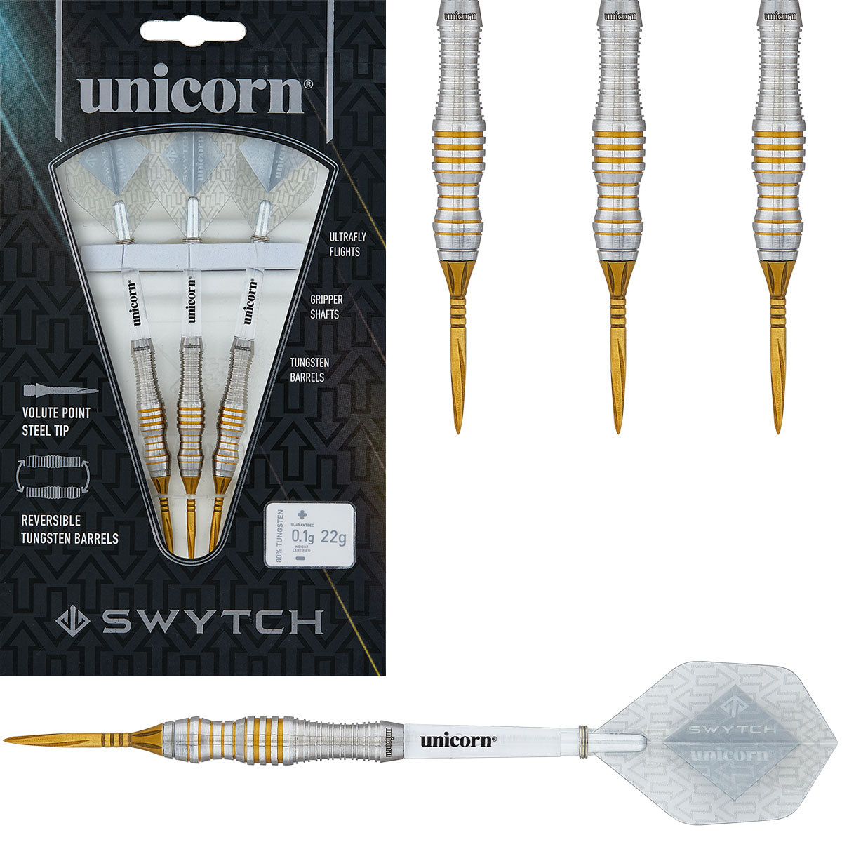Set Freccette Unicorn Core Striker, Barili Tungsteno 80%, 22g – Punta Acciaio