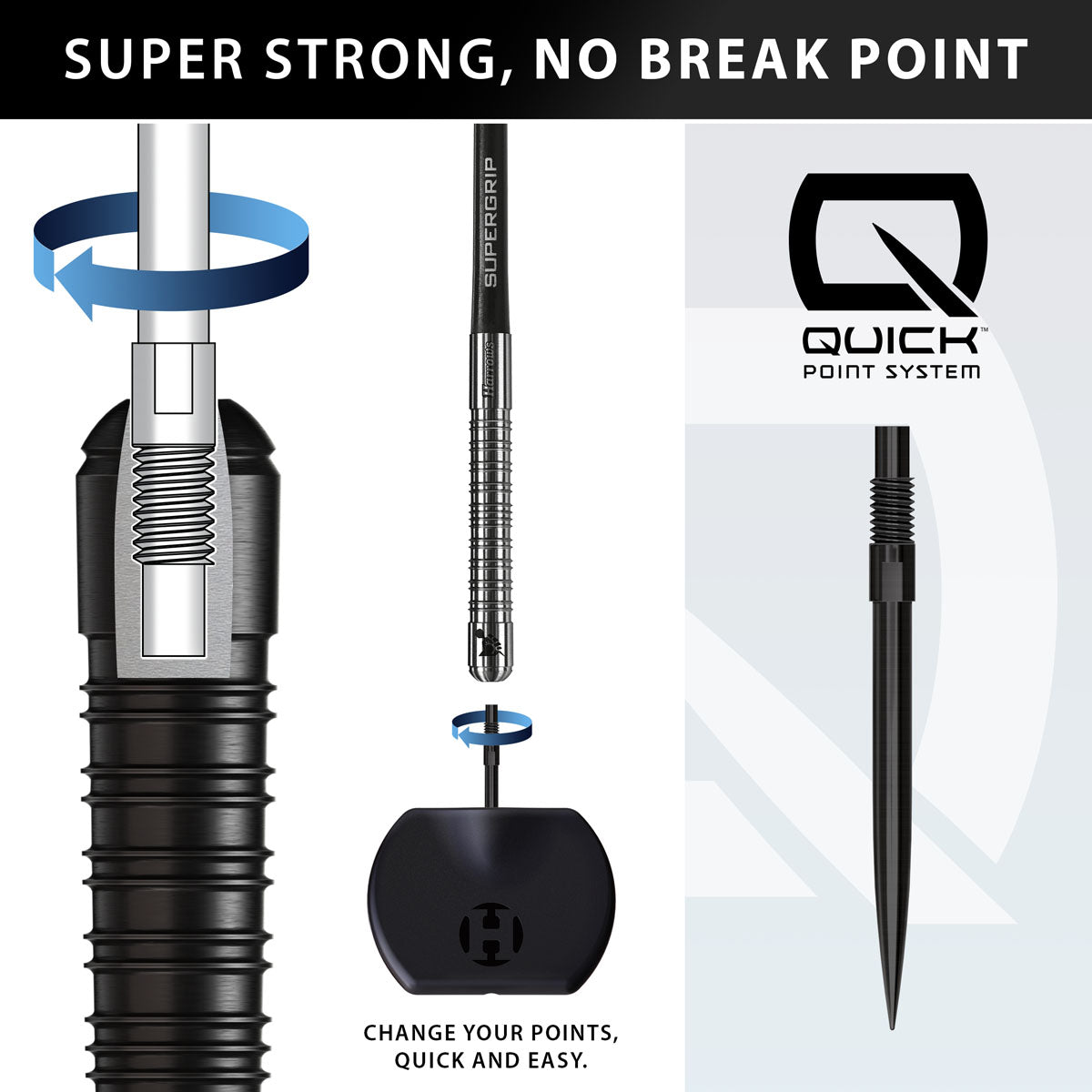 Harrows Supergrip Black Edition Quick Point 90% Tungsten Steel Tip Darts