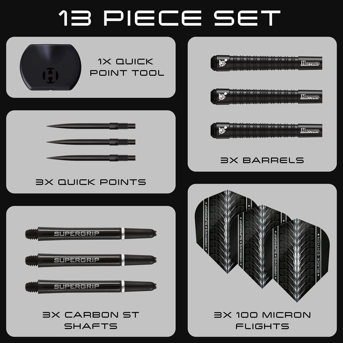 Harrows Supergrip Black Edition Quick Point 90% Tungsten Steel Tip Darts