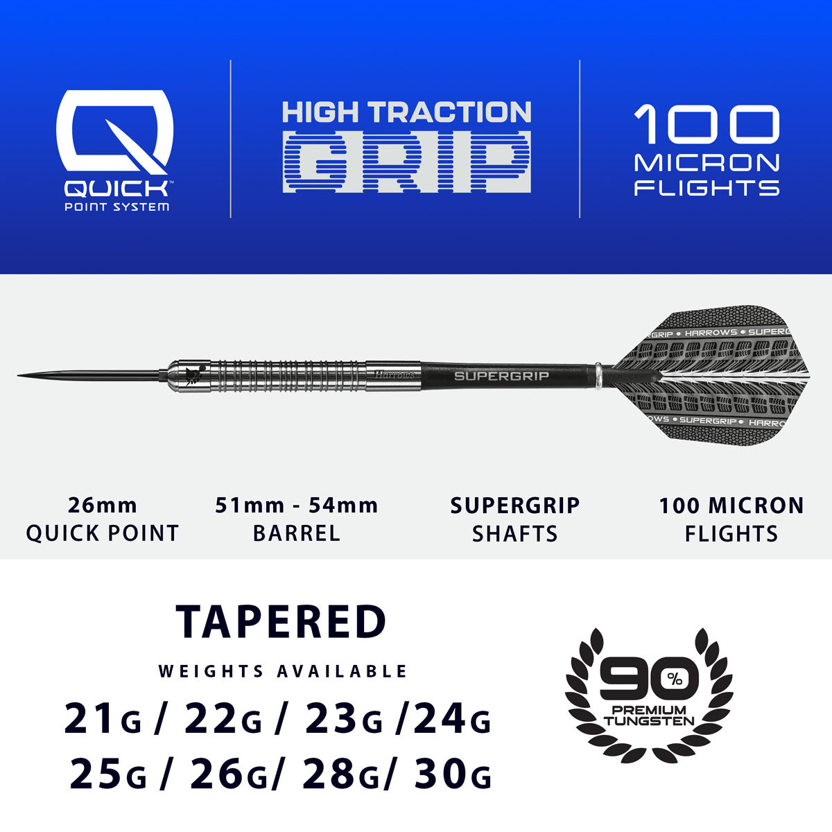 Harrows Supergrip Quick Point 90% Tungsten Steel Tip Darts